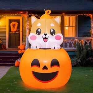 COMIN Halloween Inflatables Outdoor Decorations 5 FT Tall Dog Lying on Pumpkin